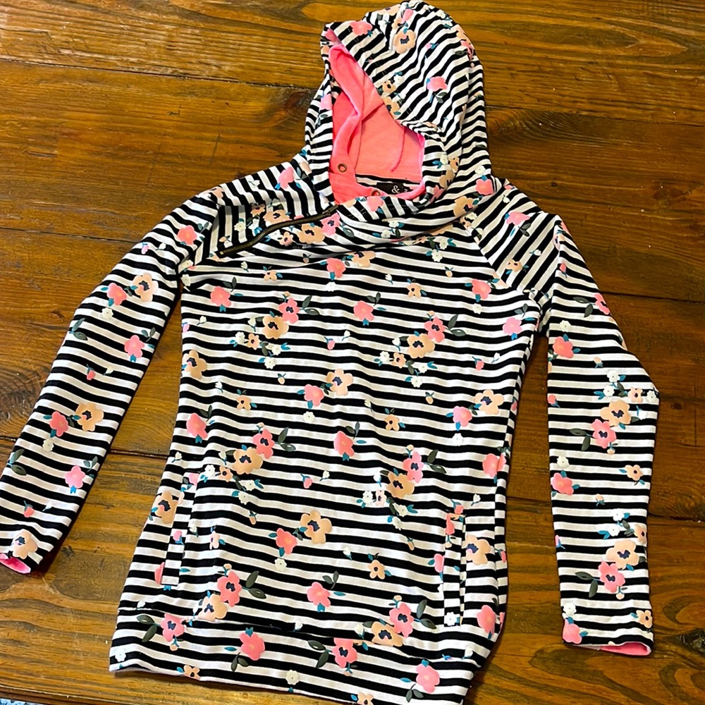 Ampersand & Avenue Double Hooded Striped Floral Sweatshirt